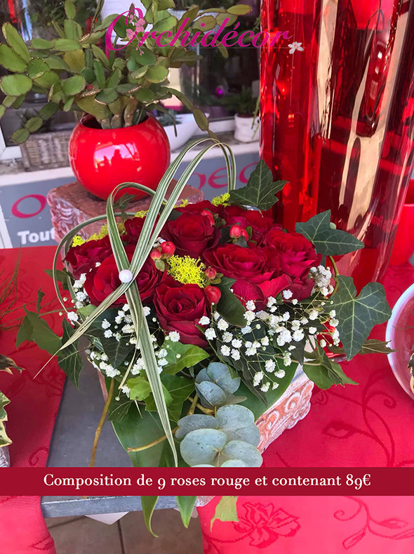 Composition de 9 roses rouge et son contenant - Orchidécor